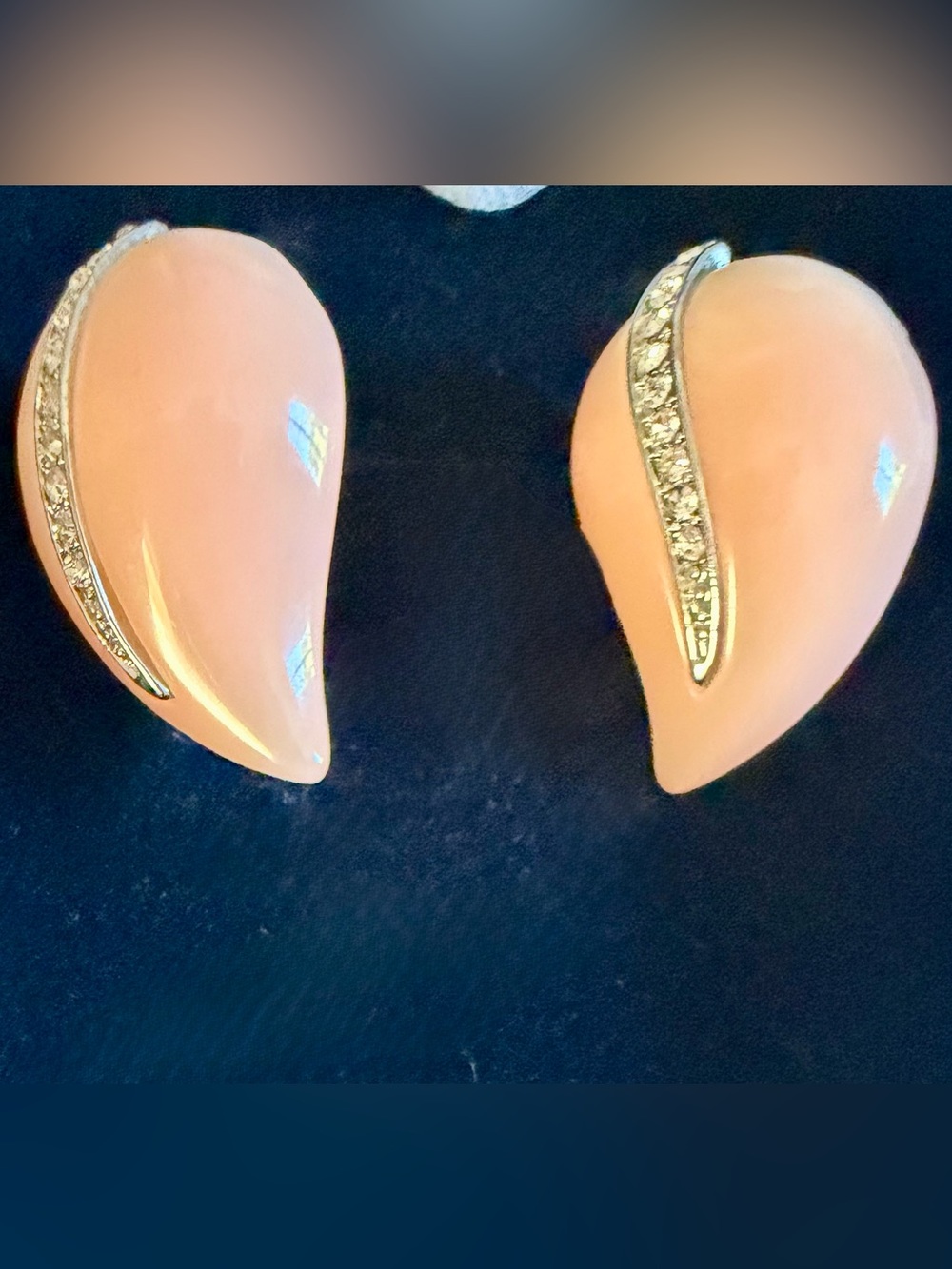 Vintage Kenneth Jay Lane Peach Lucite Crystal Teardrop Pierced Earrings!